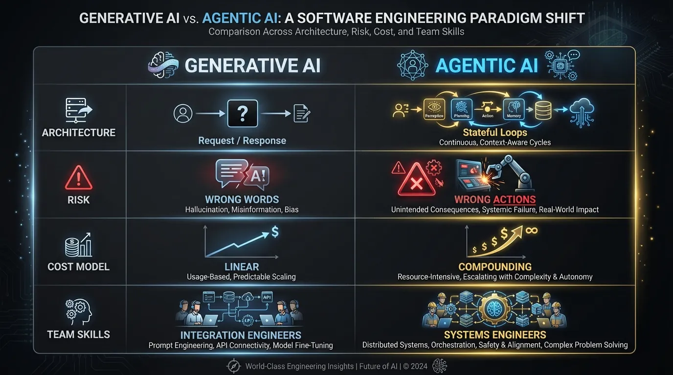 Side-by-side comparison of generative AI vs agentic AI across four dimensions: architecture, risk, cost model, and team requirements