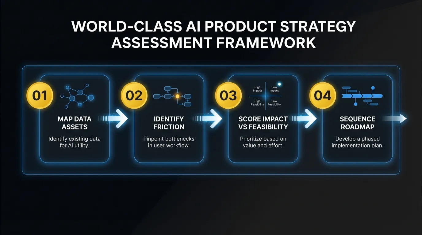 The four-step AI product strategy assessment framework: map data assets, identify high-friction workflows, score by feasibility and impact, sequence the roadmap