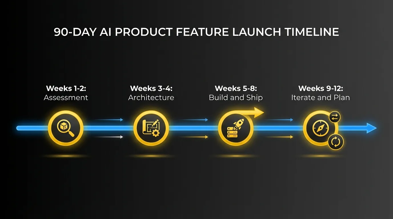The 90-day timeline for shipping your first AI product feature, from assessment through architecture, build, and iteration