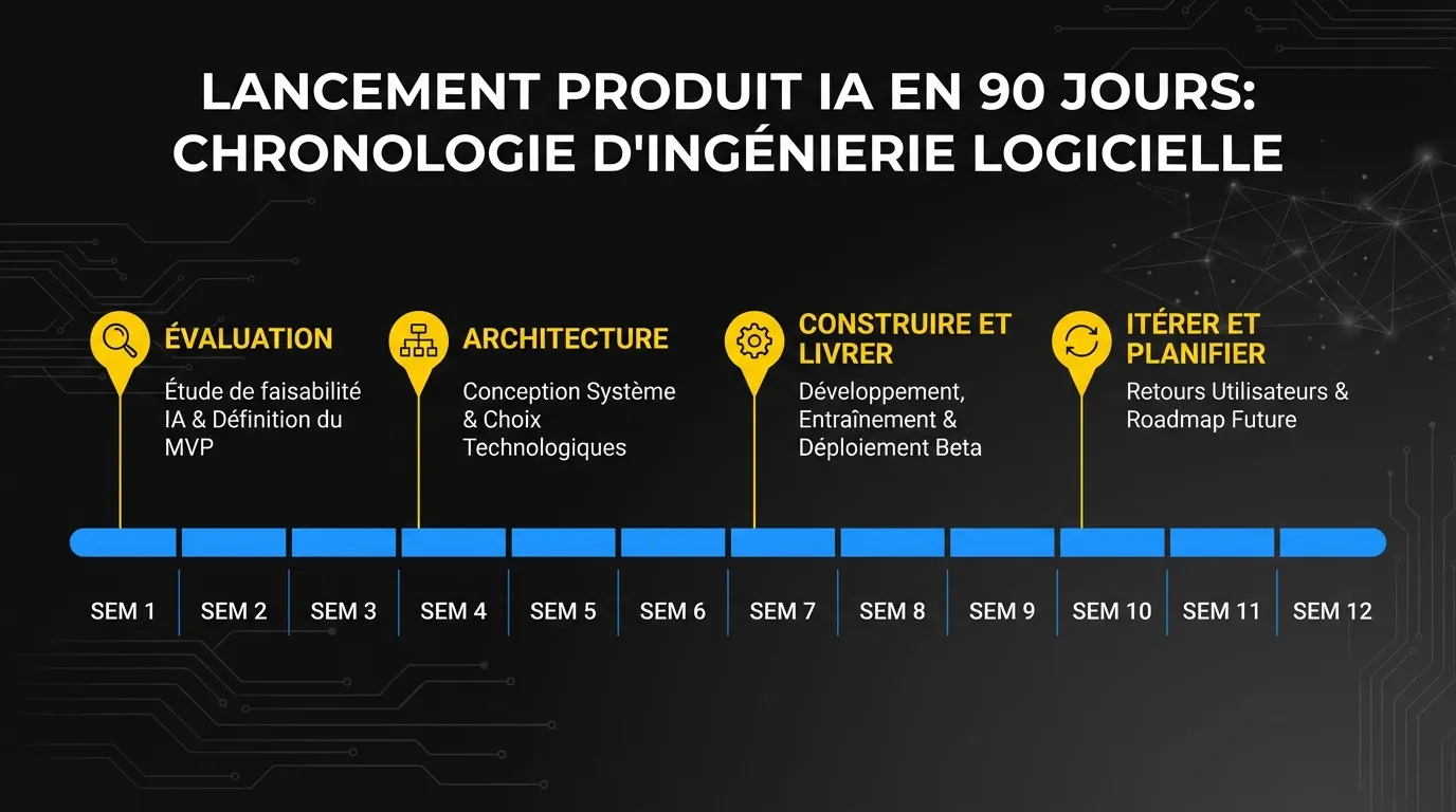 Le calendrier de 90 jours pour livrer votre première fonctionnalité produit IA, de l'évaluation à l'architecture, la construction et l'itération