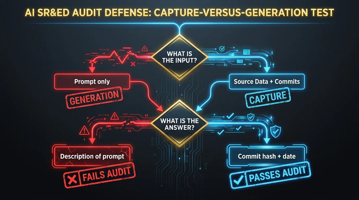 Two-question test diagram showing how to classify AI SR&ED tools as capture-based or generation-based