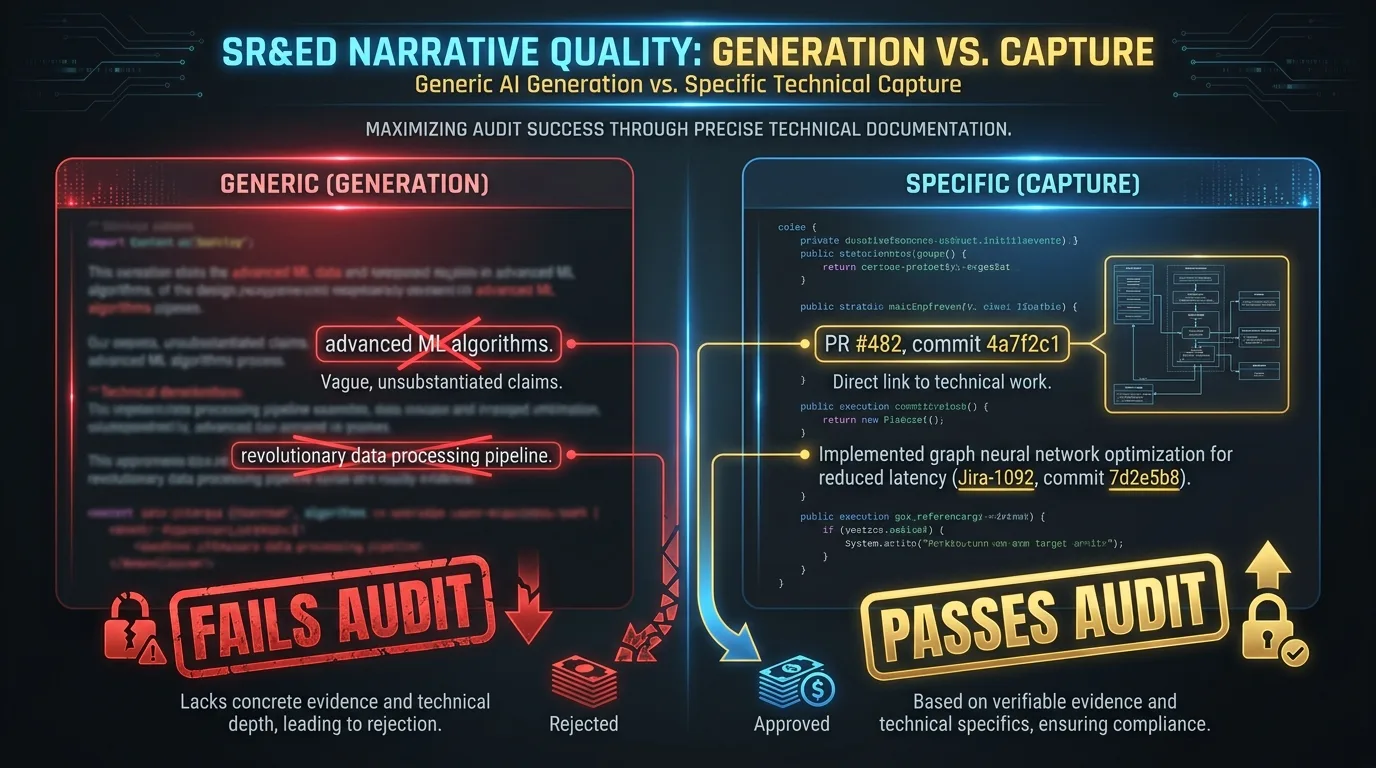 Side-by-side comparison of generic generation-based SR&ED narrative versus specific capture-based narrative with commit references