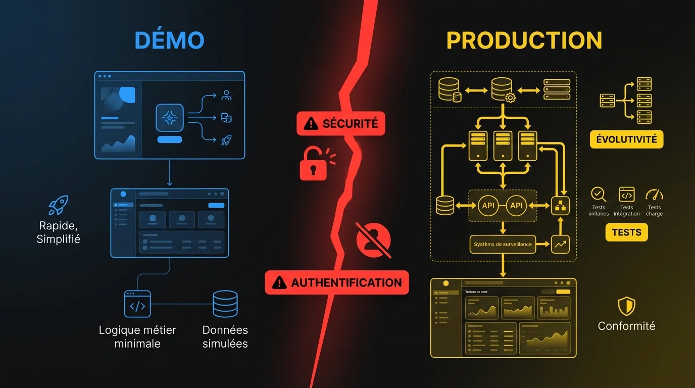 Représentation visuelle de l'écart entre les prototypes de démo et les exigences logicielles de qualité production