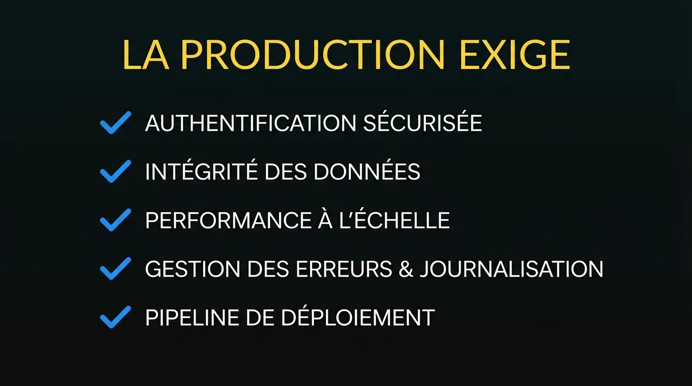Liste de contrôle des exigences de production : authentification, intégrité des données, performance, gestion des erreurs, pipeline de déploiement