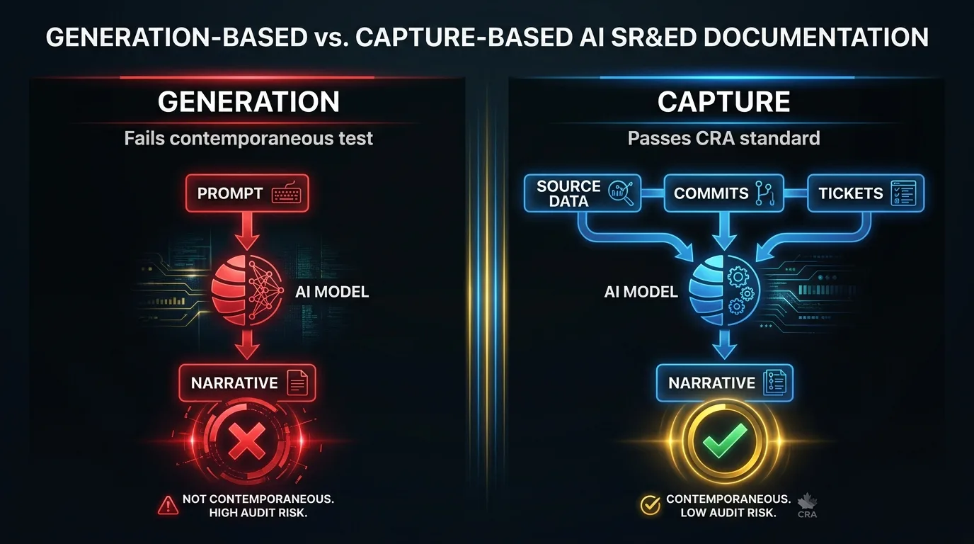 Comparison diagram showing generation-based AI input (prompt) versus capture-based AI input (source data, commits, tickets)