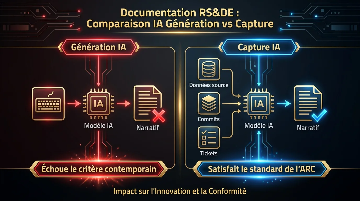 Diagramme comparatif montrant l'approche de génération IA (entrée par invite) versus l'approche de capture IA (données source, commits, tickets)