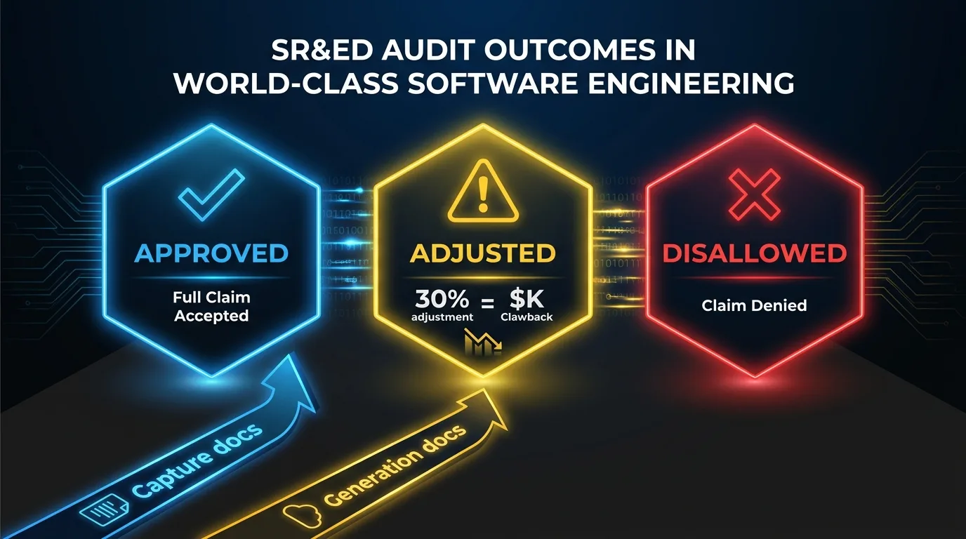 SR&ED review outcomes diagram showing approved, adjusted, and disallowed results with typical adjustment impact on a $400,000 claim