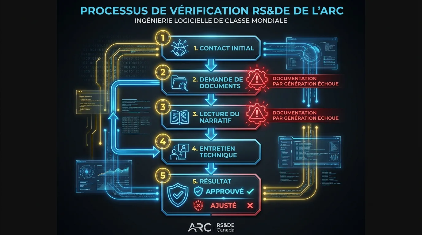 Organigramme du processus de vérification RS&DE de l'ARC en cinq étapes : contact initial, demande de documents, lecture du narratif, entretien technique, résultat final