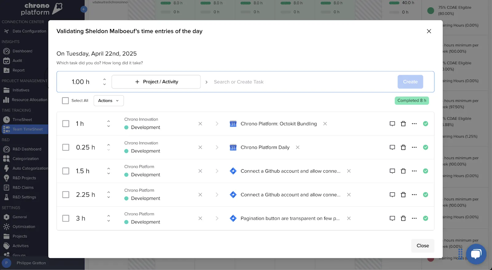Chrono Platform timesheet showing daily task entries and logged development hours