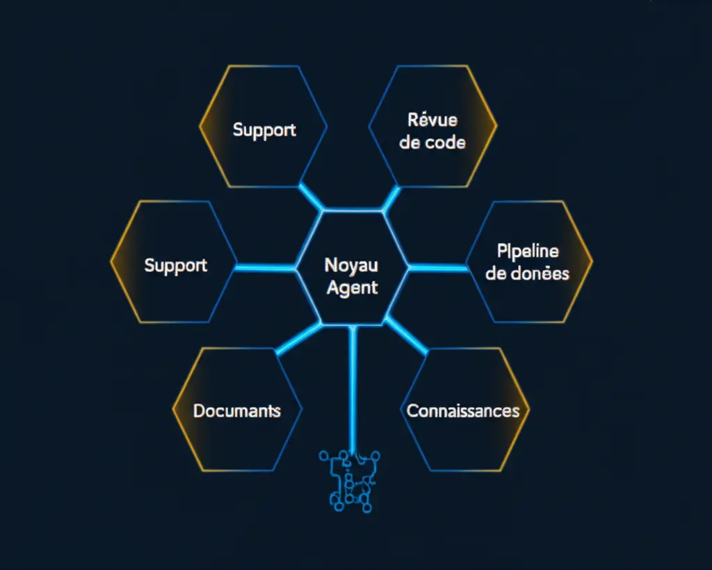 Diagramme d'architecture montrant comment les agents IA gèrent différents flux de production dans six catégories