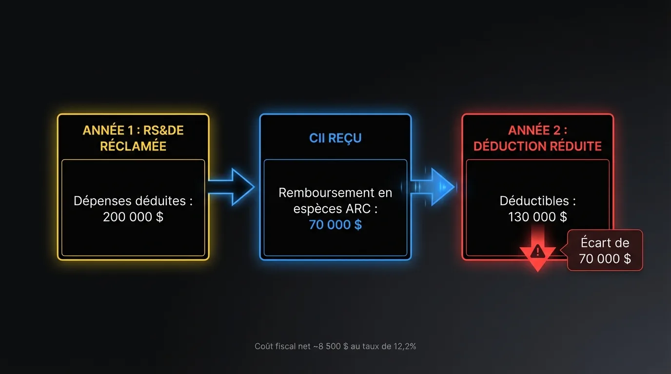 Organigramme montrant comment une réclamation RS&DE de 200 000 $ génère un remboursement CII de 70 000 $ qui réduit les dépenses déductibles de l'année suivante à 130 000 $