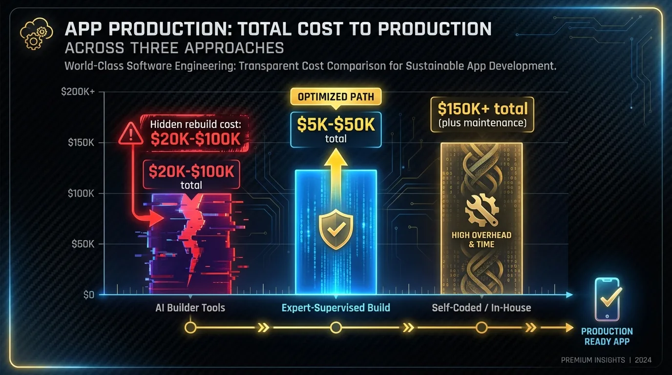 Comparaison du coût total montrant Lovable, Bolt.new et les constructions supervisées par des experts incluant les coûts cachés de reconstruction