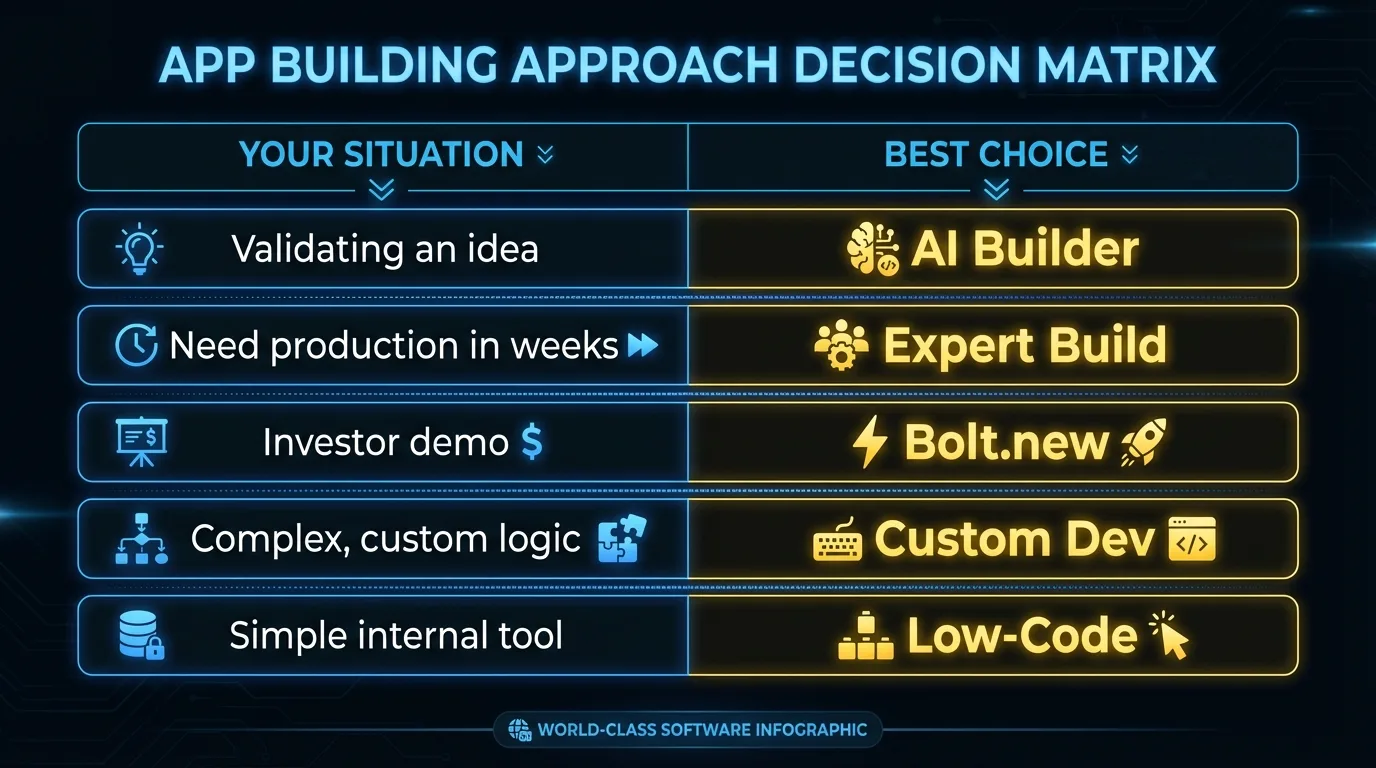 Matrice de décision pour choisir entre Lovable, Bolt.new et la construction IA supervisée par des experts selon la situation du fondateur