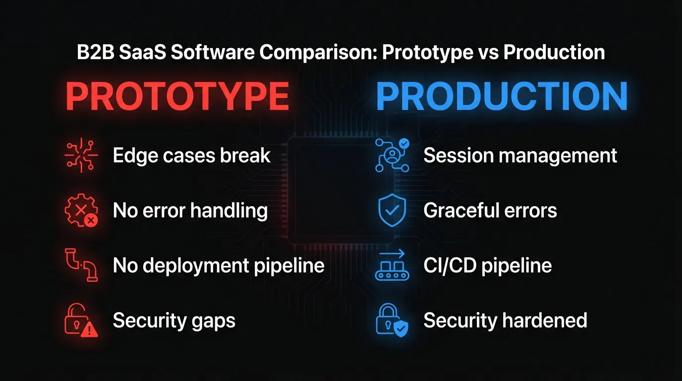 Comparison of prototype-grade versus production-grade software showing what's included in each