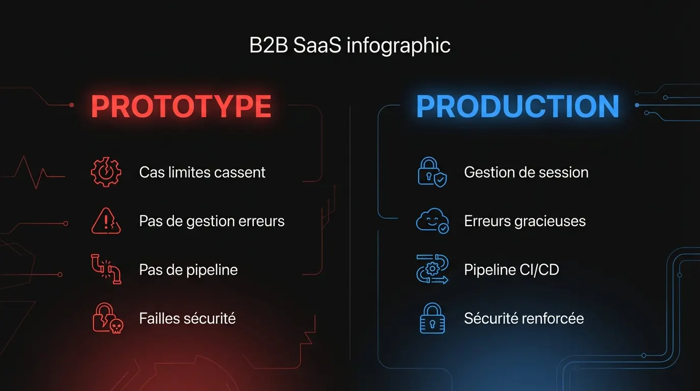 Comparaison entre logiciel prototype et logiciel de qualité production montrant ce qui est inclus dans chaque catégorie