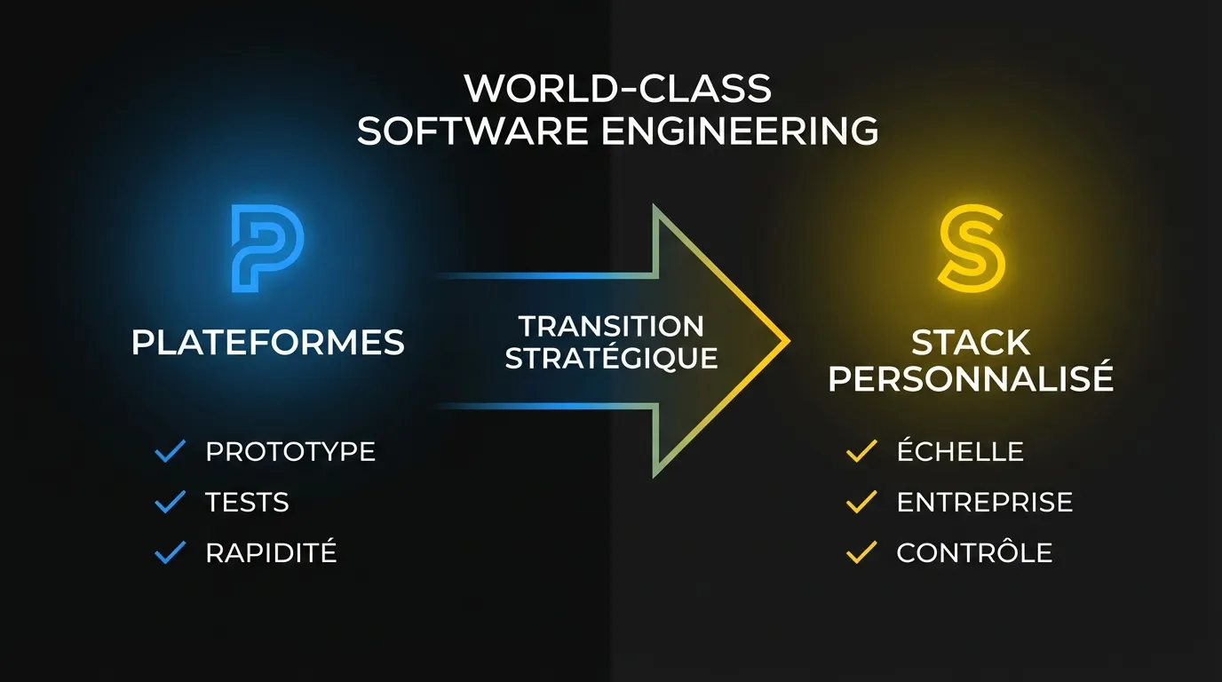 Comparaison montrant quand utiliser les plateformes IA (Prototype, Tests, Rapidité) versus stack personnalisé (Échelle, Entreprise, Contrôle)