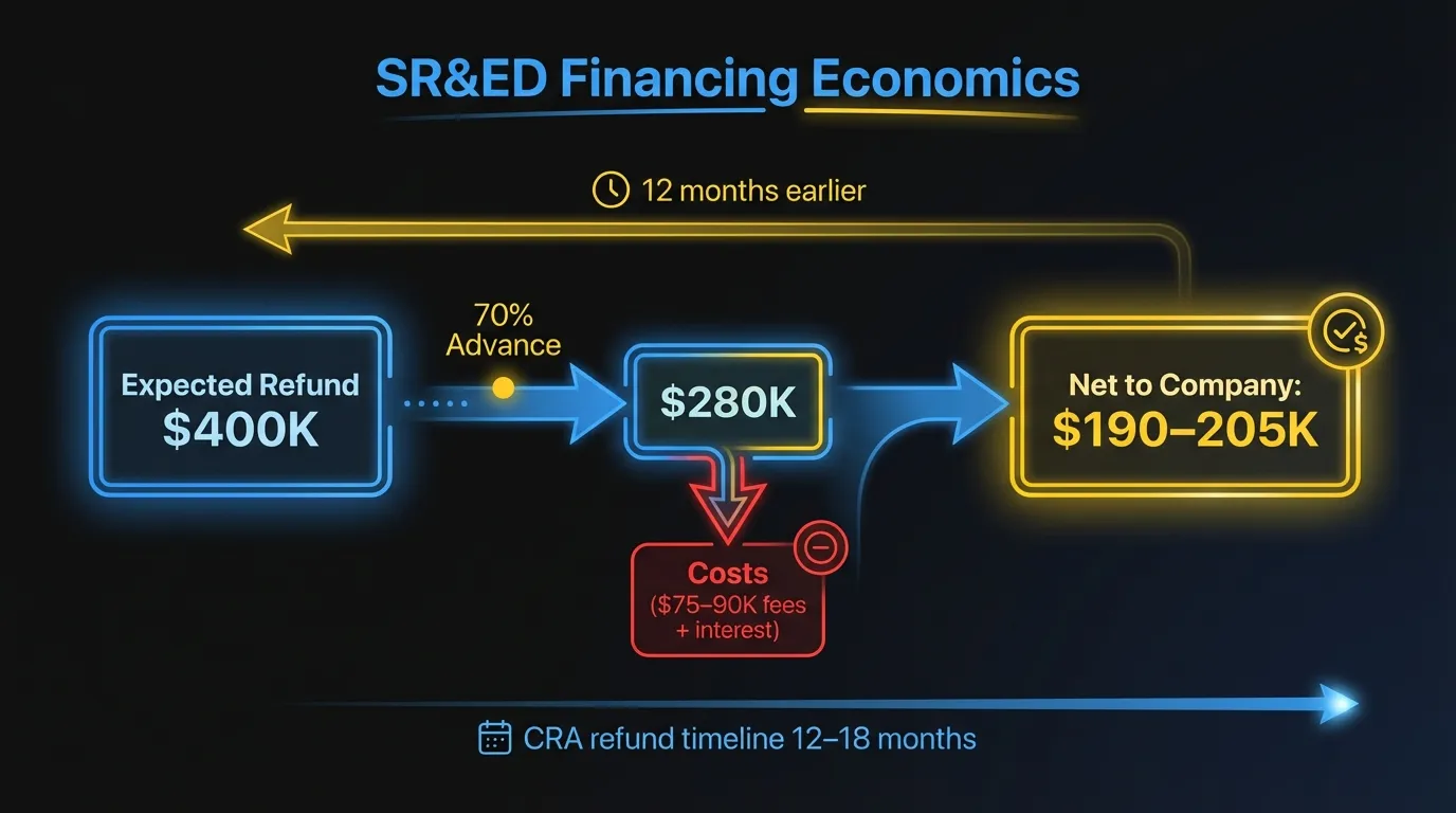 SR&ED financing economics: $400K refund, 70% advance = $280K, minus $75–90K in costs = $190–205K net. Cash received 12 months earlier.