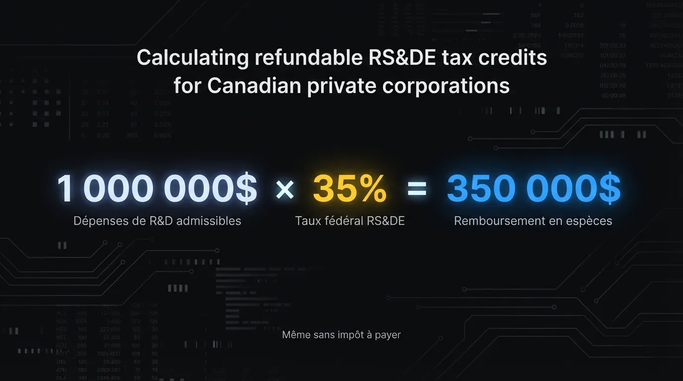 Calcul du crédit RS&DE remboursable pour les SPCC : 1 000 000$ de dépenses de R&D admissibles multiplié par le taux fédéral de 35% égale 350 000$ de remboursement en espèces