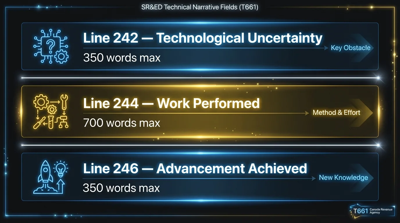 Les trois champs de récits techniques du T661 : Ligne 242 incertitude technologique (350 mots), Ligne 244 travaux effectués (700 mots), et Ligne 246 avancement réalisé (350 mots)