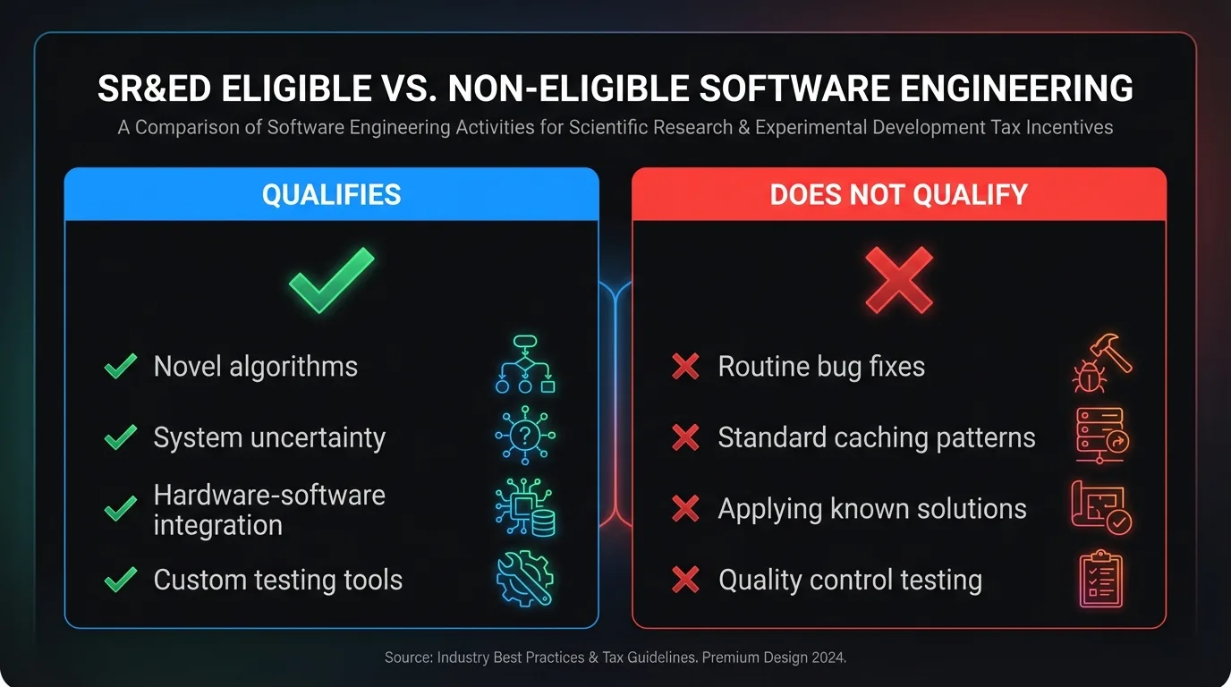 Admissibilité RS&DE pour les logiciels : ce qui est admissible (algorithmes novateurs, incertitude système, intégration logiciel-matériel) versus ce qui ne l'est pas (corrections de bogues, modèles standard, solutions connues)