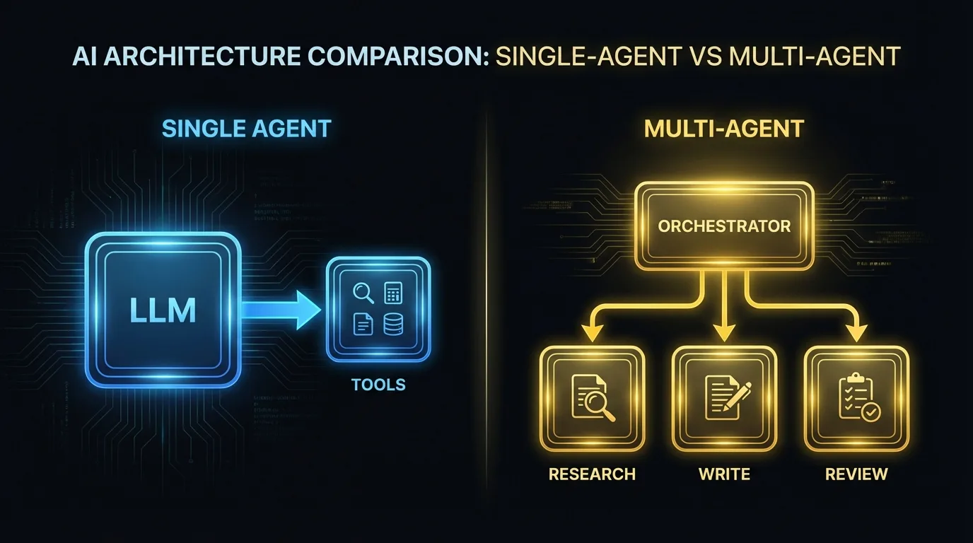 Comparaison côte à côte des architectures IA à agent unique et multi-agents, montrant un LLM unique avec des outils versus un orchestrateur coordonnant trois agents spécialisés